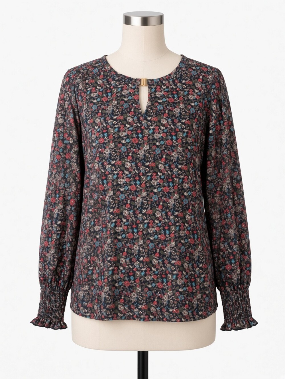 Keyhole Floral Long-Sleeve Tunic Top - Black Multi